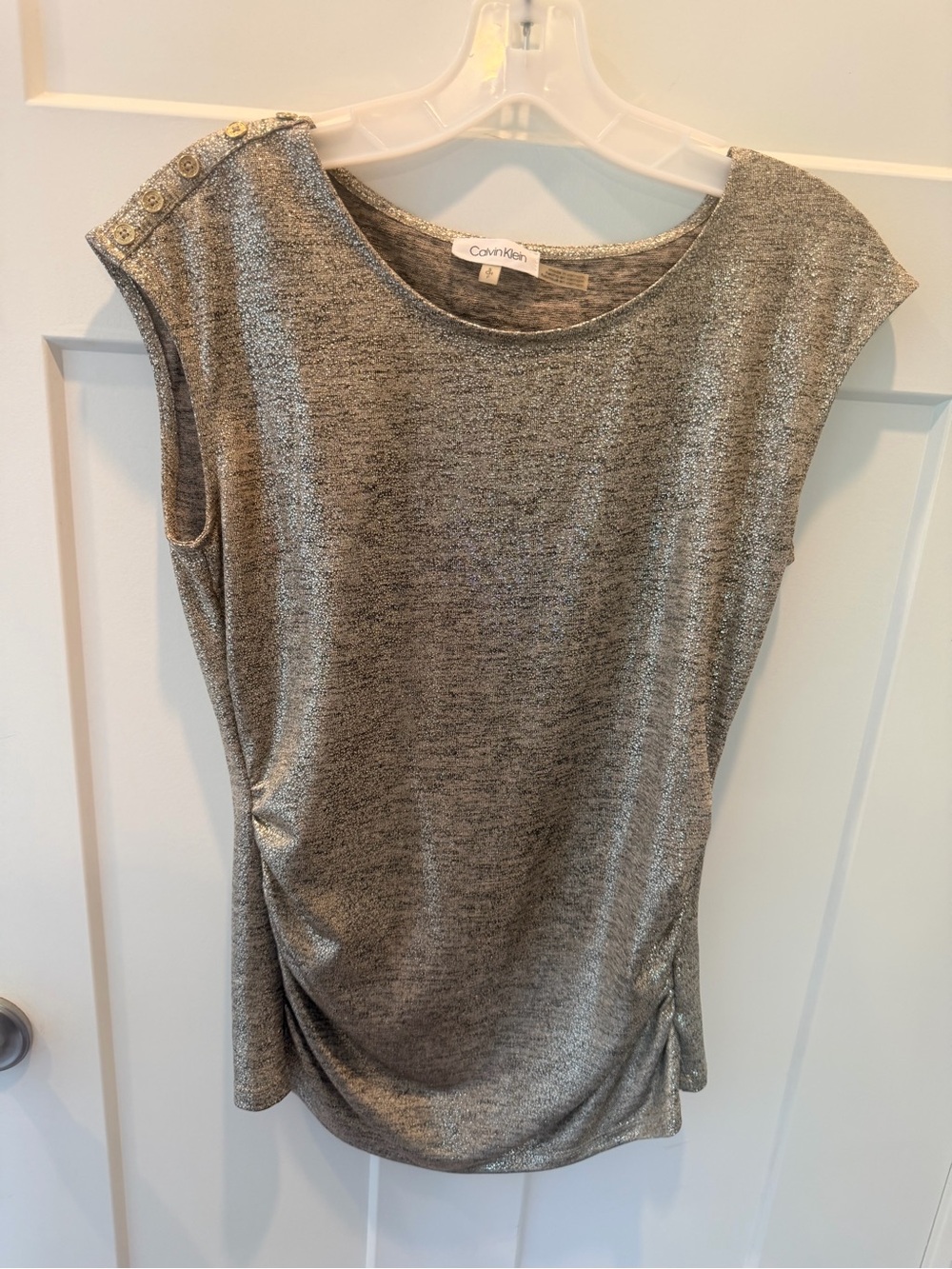 Calvin Klein Small Metallic Silver Ruched Shoulder Snap Tunic Top
